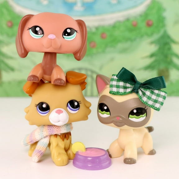 Mini Pet Collie #2452 Pink Dachshund #2046 Siamese Cat #1116,with Cute Bow Scarf and Bowl Accessories,Bobble Head Figures