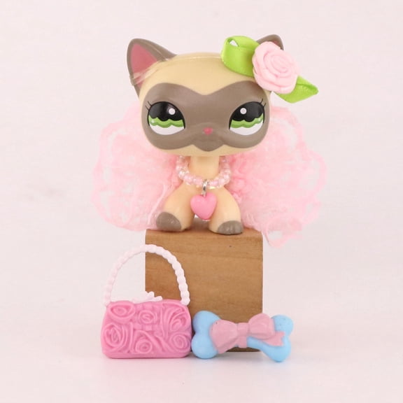 Mini Pet Shop Shorthair Cat #1116 Figure Toy Mask Siamese Cat with Cute Necklace Bow Lace Dress Handbag Accessories