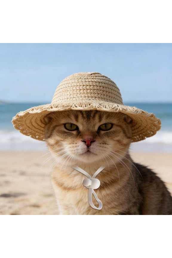Mini Pet Sun Hat with Decorative Ribbon for Cats and Small Dogs - Beach Style Wide Brim Sun Protection Cap, Adjustable Chin Strap Pet Hat, Summer Outdoor Accessory for Pet Photoshoots