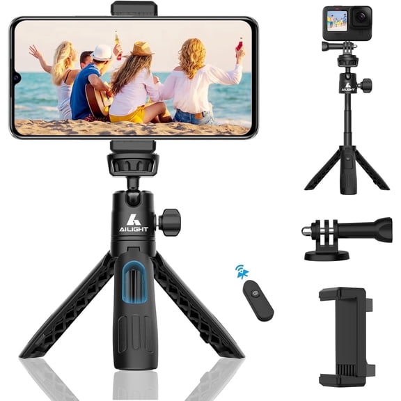 Mini Phone Selfie Stick with Rechargeable Remote, Extendable Tripod with Phone Clip & Gopro Adapter for iPhone Camera Gopro