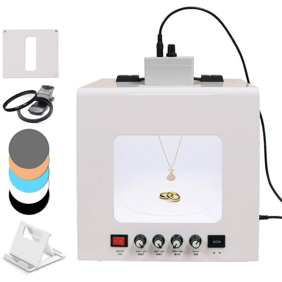 Mini Photo Studio Light Box with 360 Turntable & Hanging Bracket, 3000-5500k Dimmable Jewelry Shooting Tent Softbox, Jewelry Product Photography Display Box with 5 PVC Backdrops