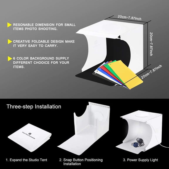 Mini Photo Studio Tent Jewelry Light Box Kit, Portable Foldable Small Home Photography Studio Light Box Booth Shooting Tent with LED Light Strips - with 6 Color Background (20x20x20cm)