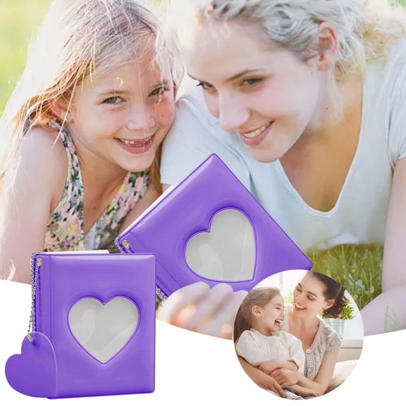 Mini Photocard Binder, 3 Inch Purple Mini Photo Album Heart Hollow Card Binders with 32 Pockets Mirror-Like Photocard Binder with Pendant