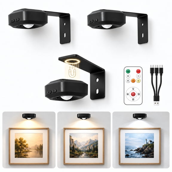 Mini Picture Lights for Wall, Rechargeable Wireless Frame Lights with Remote, 3 Color Temperatures, 5-Level Dimmable, Timer, Magnetic Art Lights for Paintings, Photos & Small Frames, 3 Pack