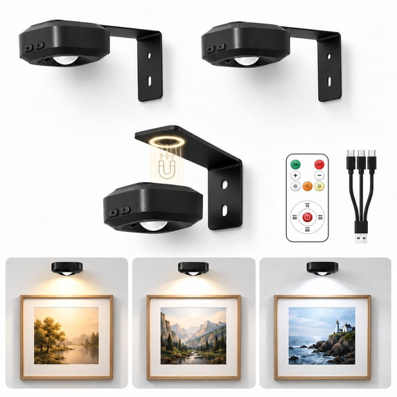 Mini Picture Lights for Wall, Rechargeable Wireless Frame Lights with Remote, 3 Color Temperatures, 5-Level Dimmable, Timer, Magnetic Art Lights for Paintings, Photos & Small Frames, 3 Pack