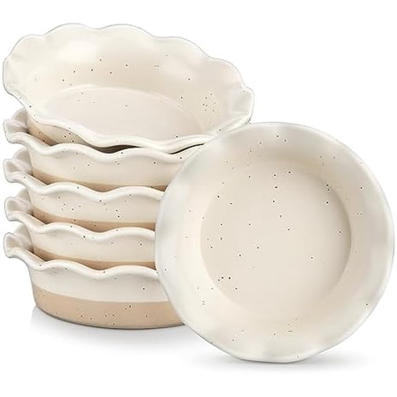 Mini Pie Pans Set of 6, 5.2 Inch Ceramic Deep Dish Pie Plates with Ruffled Edge for Baking, Microwave & Oven Safe, Cream Colored