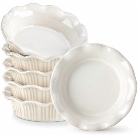 Mini Pie Pans Set of 6, 5.2 Inch Ceramic Deep Dish Pie Plates with Ruffled Edge for Baking, Microwave & Oven Safe, White