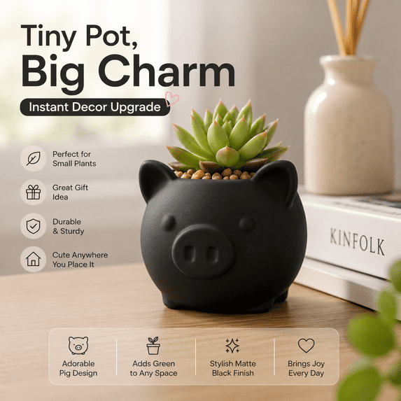 Mini Pig Shaped Planter with Drainage Hole, Cute Animal Plants Pot, Indoor Flower Pot for Cactus Herbs, Decorative Container for Home Office Desk Windowsill, Black
