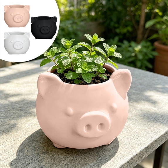 Mini Pig Shaped Planter with Drainage Hole, Cute Animal Plants Pot, Indoor Flower Pot for Cactus Herbs, Decorative Container for Home Office Desk Windowsill, White