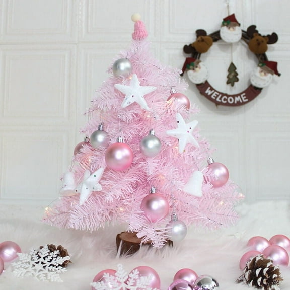 Mini Pink Artificial Christmas Tree with LED Lights and Glitter Balls for Christmas Tree Wedding Decoration(Pink)45cm