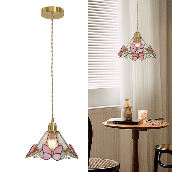 Mini Pink Butterfly Pendant Light 8.6 Inches Wide Stained Glass Hanging Lamp