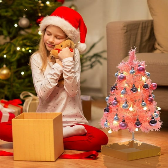 Mini Pink Christmas Tree with LED Light, 24 Inch/2ft Artificial Small Table Top Christmas Tree, Tabletop Christmas Tree Ball Ornaments for DIY Christmas Decorations