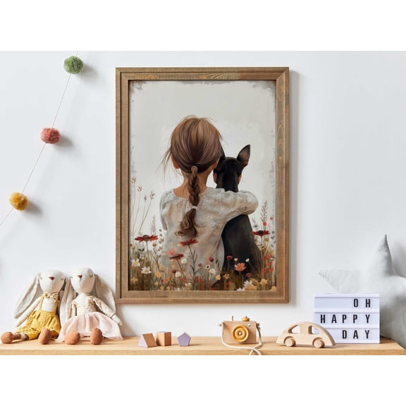 Mini Pinscher Nursery Decor Black and Brown Dog Girl Art, Stretched Canvas 16x20in