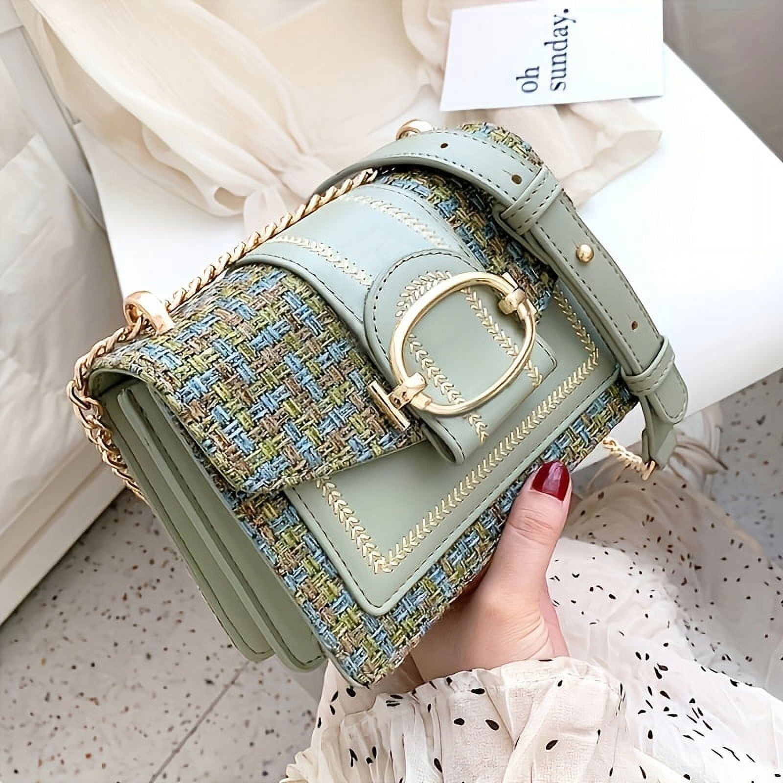 Mini Plaid Pattern Tweed Bag Buckle Decor Shoulder Square Bag Chain Crossbody Flap Purse For Everyday Walmart