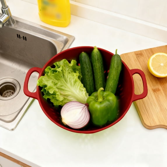 Mini Plastic Colander with Double Handles – 6 Inch Small Strainer for Fruits, Vegetables & Pasta, Dishwasher Safe, BPA-Free, Red