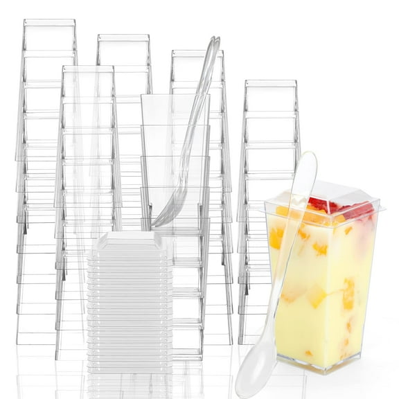 Mini Plastic Dessert Cups 3 oz with Lids and Spoons, Clear Square Parfait Containers for Ice Cream Jelly, Party Shooters for Buffets Bake Sales Picnics, Clear