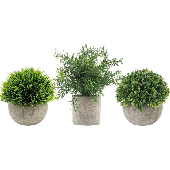 Mini Plastic Fake Green Grass of Plants with Pots for Home Decor (Set of 3)