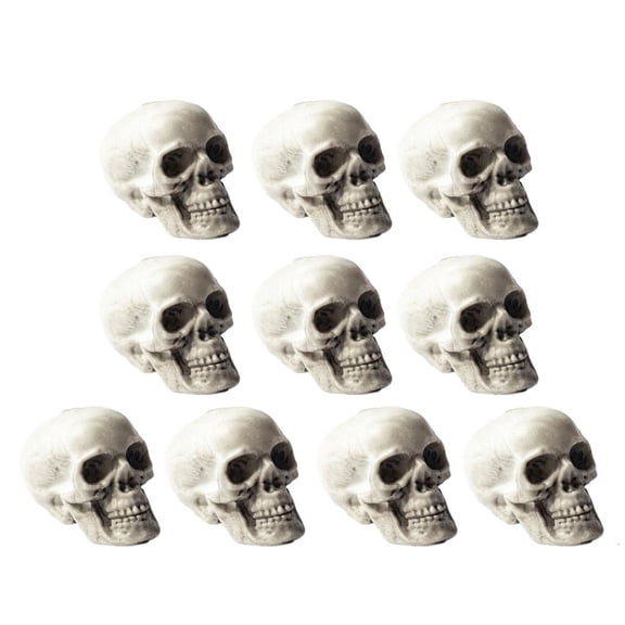 Mini Plastic Skull Decorations, 10-Piece Set with Antiqued Bone-White Finish for Halloween Tables, Shelves, Windowsills, and Horror Displays