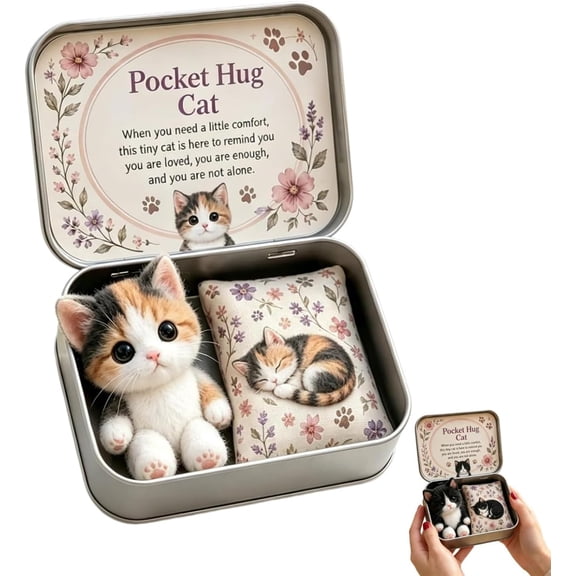 Mini Plush Cat in Box, Your Furry Little Encourager, Hugs Positive Stuffed Animal Huggable with Positive Card Cute Emotional Support Inspirational Gift Doll,Brown