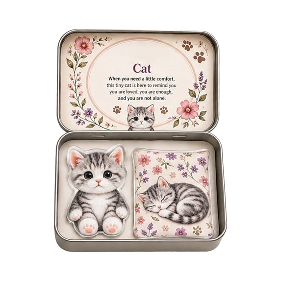 Mini Plush Cat in Box Gray Tabby Cat Ornament with Sleeping Cat Pillow ...