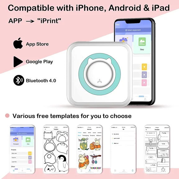 Mini Pocket Sticker Printer, Bluetooth Wireless Portable Mobile Printer Machine Inkless Instant Photo Thermal Printer for Notes, Photo, Pocket Label Receipt Printer Compatible with iOS & Android