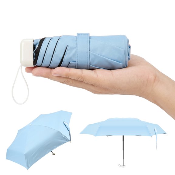 Mini Pocket Umbrella,Black Coating Sun Rain Dual Use Compact Travel Umbrella with Anti Slip Handle and Storage Pouch,Blue Color