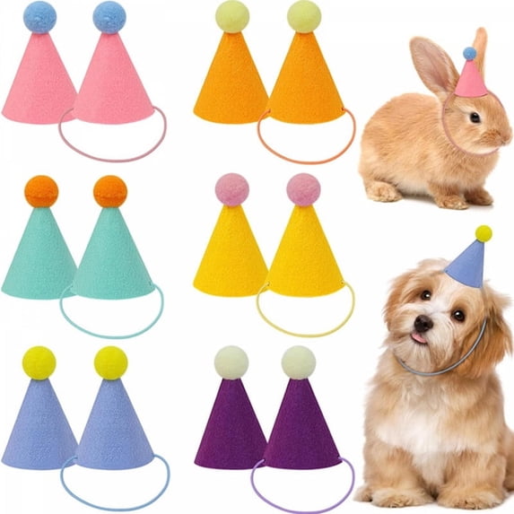 Mini Pompom Party Hats for Pets and Dolls | Felt Cone Hats, Fluffy Pom Pom Toppers, Adjustable Elastic Straps, Stuffed Animal Accessories, Dog and Cat Birthday Props, Pack of 12