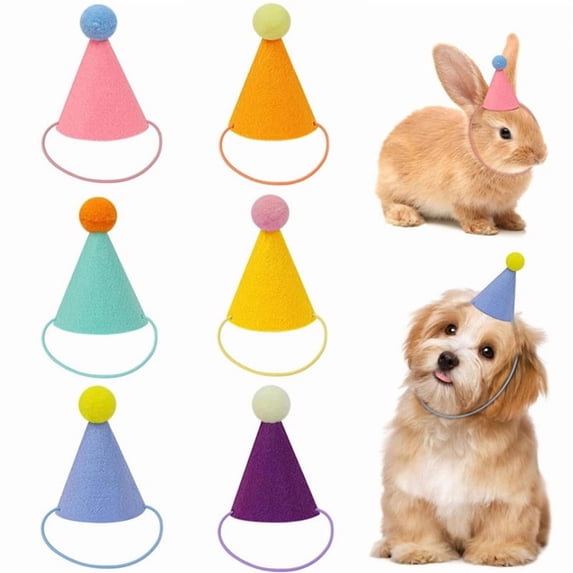 Mini Pompom Party Hats for Pets and Dolls | Felt Cone Hats, Fluffy Pom Pom Toppers, Adjustable Elastic Straps, Stuffed Animal Accessories, Dog and Cat Birthday Props, Pack of 6
