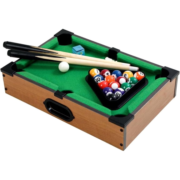 Mini Pool Table 14 Inch - Tabletop Billiards Game Set with 16 Balls, 2 Cues, Brush & Triangle Rack - Portable Wooden Desktop Pool Table for Home Office Party