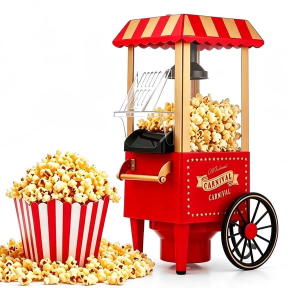 Popcorn Machine, Makes Up to 12 Cups, Oil-Free - Healthier Popcorn, Classic Stand-Up Cart With Wheels, Red