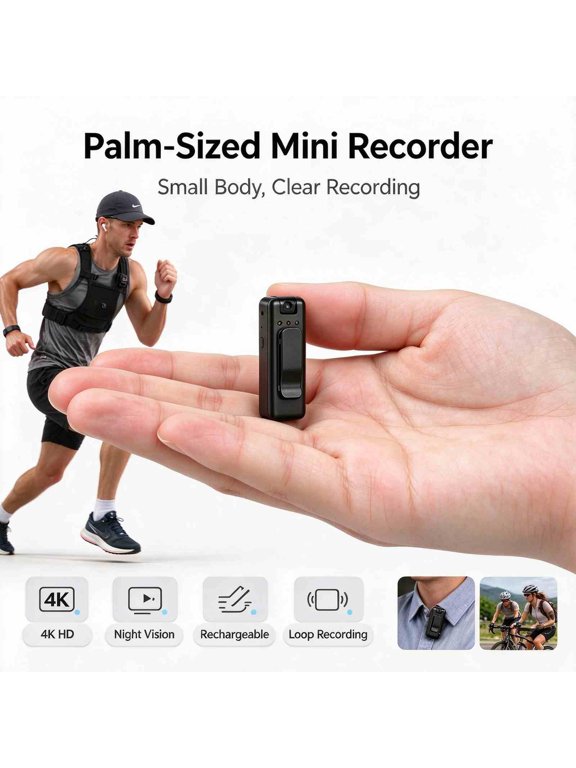 Ultra Mini Clip-on Body Recorder, 4K HD Wearable Pocket Video Camera with Night Vision, Loop Recording & Rechargeable, Portable Cam for Sports, Meeting & Daily Recording