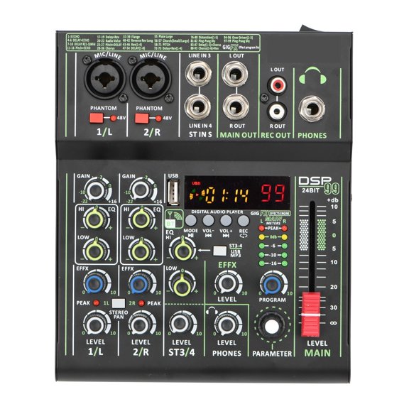 4 Channel Mixer Individual +48V Phantom Power 99 DSP Effects USB Computer Play Record Mixing Console ,Easy to Use
