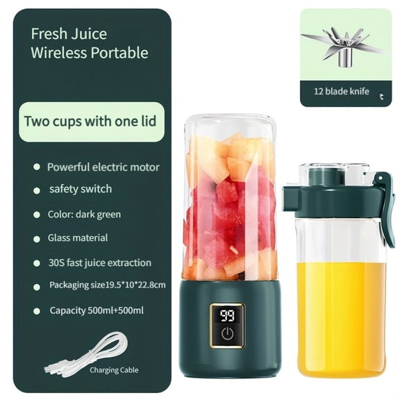 Mini Portable Blender Rechargeable Personal Juicer Machine Touch Screen LED Display 12 Blades Double Cup for Shakes and Smoothies Green