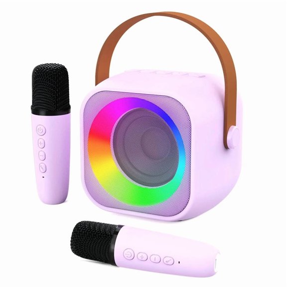 Mini Portable Bluetooth Karaoke Machine K12, Karaoke Speaker System with 2 Wireless Microphones, Home Singing Entertainment Set,Purple 2 Mic