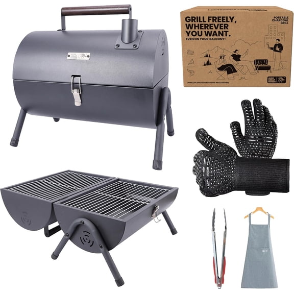 Mini Portable Charcoal Grill & Small Tabletop BBQ - Tailgate Camping Travel Grill for Balcony - Barrel Style w/Griddle & Accessory Set