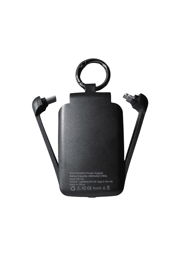 2000mAh Power Bank Flashlight with Built-In Cable Keychain Mini Portable Charger, Black