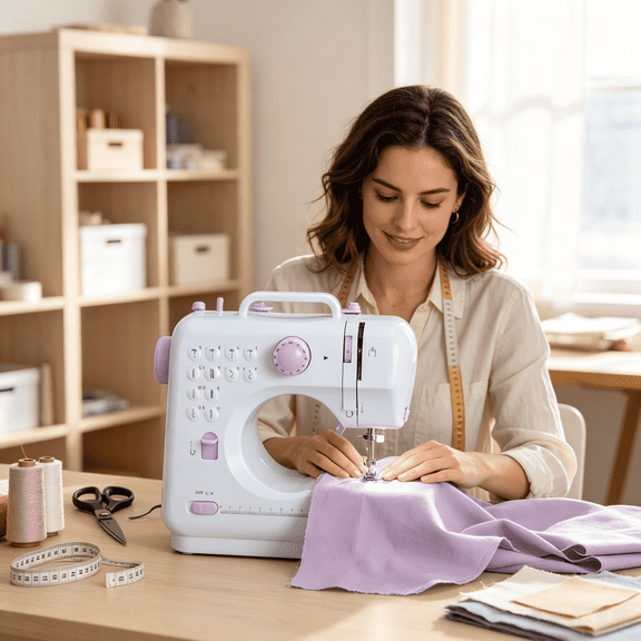 Mini Portable Electric Sewing Machine for Beginners & DIY Enthusiasts. Professional Household Handheld Sewing Tool with 12 Stitch Patterns and Overlock Function, Double Adjustable Speed, Equipped wit