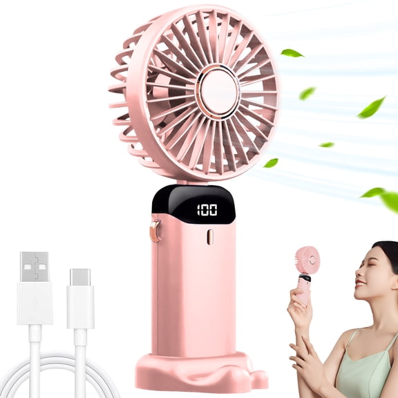 Mini Portable Fan, Pink Handheld Fan,1800mAh USB Rechargeable ,LED Digital Display,5 Speed Adjustable,Suitable for Travel Office