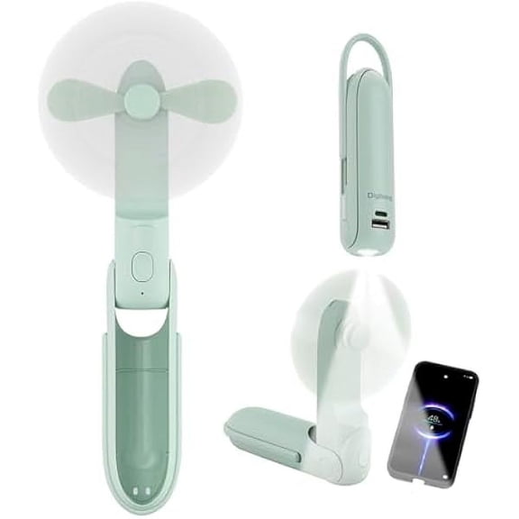 Mini Portable Fan Rechargeable Handheld Fan 3000mAh Battery 3 Speed Quiet Personal Fan, 6 IN 1 Bullet Shape with Power Bank/Flashlight (Green)