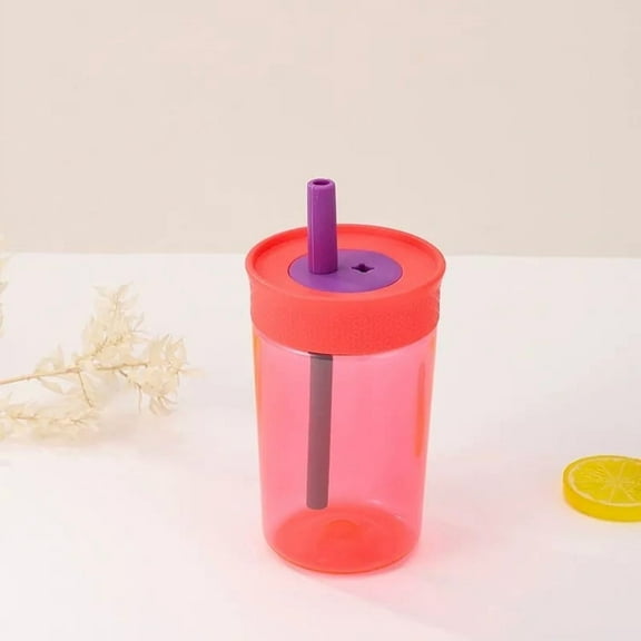 Mini Portable Insulated Plastic Straw Cup (15oz) - Dishwasher Safe Cold Drink Coffee Cup for Kids Outdoor Activities,Red