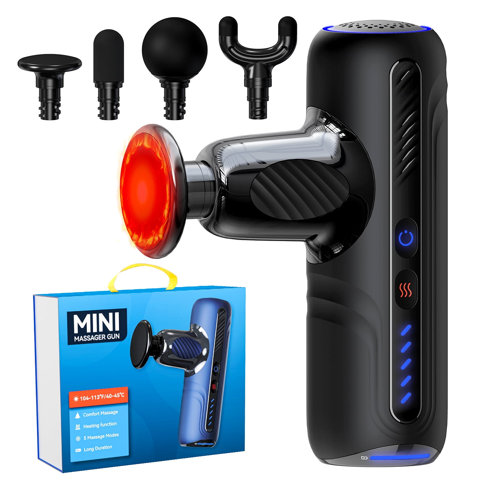 Mini Portable Massage Gun - with Heat Therapy Function & Quiet Brushless Motor, 5 Speed Levels & 4 Massage Heads, Black/Deep Blue Options, Built-in Battery for Long Usage Time.