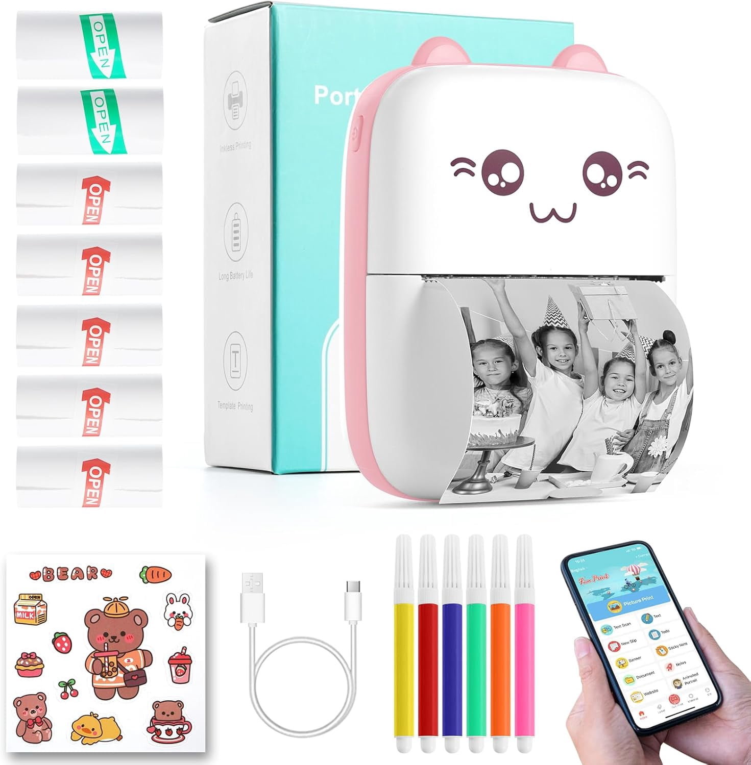Mini Portable Printer, Pocket Thermal Printe with 7 Rolls Paper, Bluetooth Wireless Smart Printer for Android iOS Smartphone, Inkless Printers for Photo Picture Office Receipt QR Code Label List Note