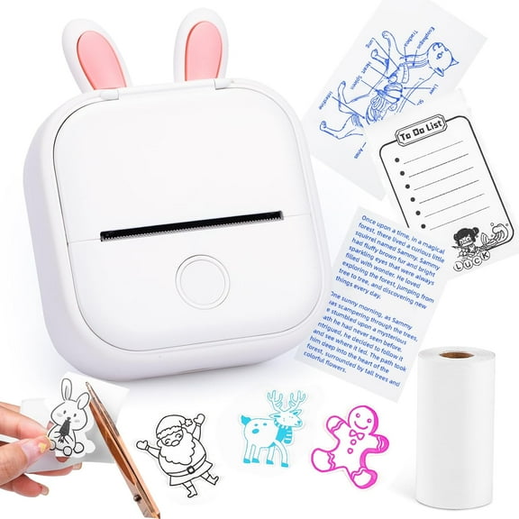 Mini Portable Printer - T02 Mini Inkless Printer Pocket Thermal Sticker Printer Mini Sticker Printer Mobile Picture Printer for Student, Gift, White (Bunny Case Not Included)