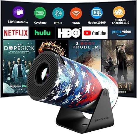 Mini Portable Projector with WiFi 6 and Bluetooth 5.0 Smart Projector 1080P Support Movie Projector 4K Decode Built-in Android 11.0 for Home Theater Compatible for Smartphone/Tablet/Laptop