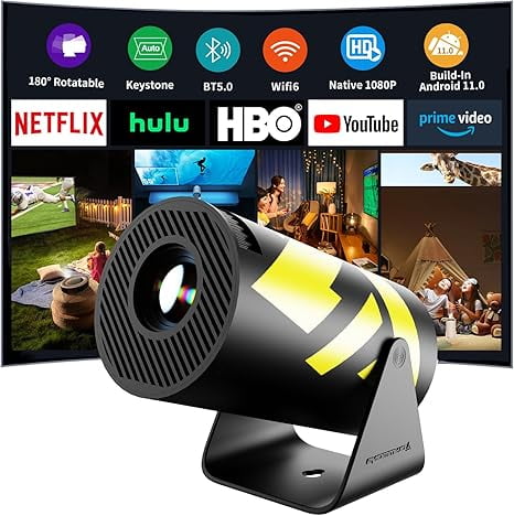 Mini Portable Projector with WiFi 6 and Bluetooth 5.0 Smart Projector 1080P Support Movie Projector 4K Decode Built-in Android 11.0 for Home Theater Compatible for Smartphone/Tablet/Laptop