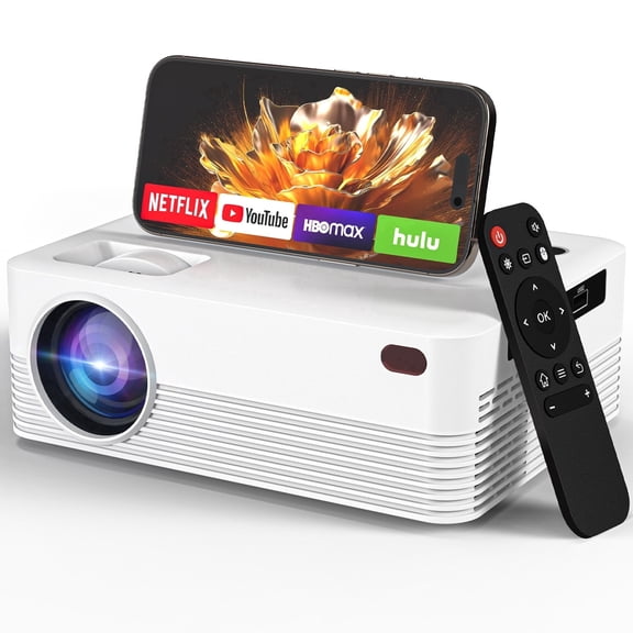 Mini Portable Projector with Wifi and Bluetooth, Native 1080P Full HD Smart Projector , 300 ANSI, Compatible with Smartphone, HDMI, USB for Home, Bedroom, Outdoor Use (White)