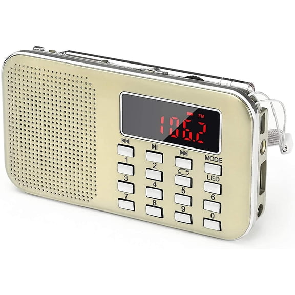 Mini Portable Radio Fm Pocket Radio With Led Flashlight, Digital Radio Speaker Support Micro Sd/Tf Card/Usb, Gold