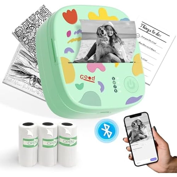 Mini Portable Sticker Printer, Mini Thermal Printer with 3 Rolls Paper, Bluetooth Inkless Printpods, Pocket Label Maker Suitable for Kids Creative DIY, Diaries, Photos, Study Notes-Green