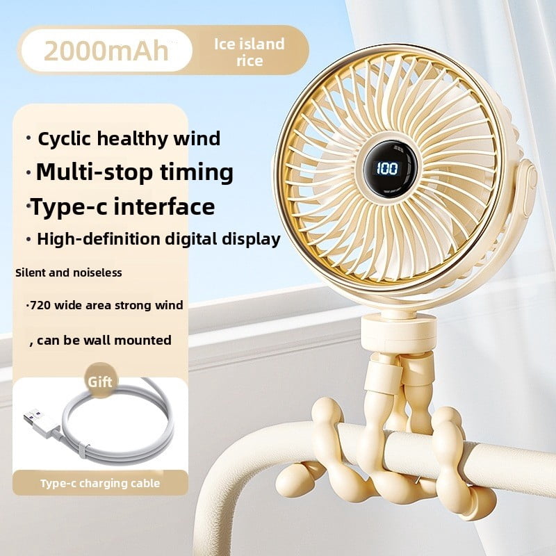 Mini Portable Stroller Fan – 60 °   Auto Oscillation, Quiet USB-C Rechargeable Baby Fan, 4 Speeds, Night Light & Warning Light, Flexible Tripod for Stroller, Car Seat, Crib, Camping (Beige)