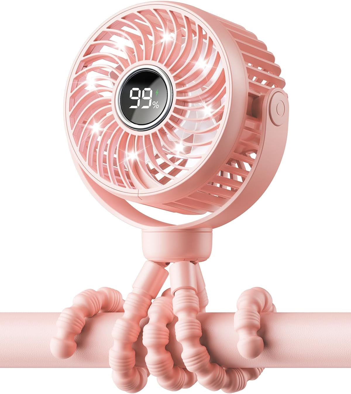 Mini Portable Stroller Fan – 60° Auto Oscillation, Quiet USB-C Rechargeable Baby Fan, 4 Speeds, Night Light & Warning Light, Flexible Tripod for Stroller, Car Seat, Crib, Camping (Pink)